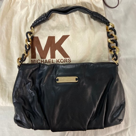 Michael Kors Black Leather Hand Bag Gold Accent - Picture 2 of 6